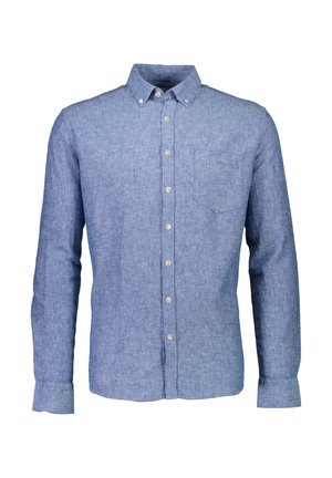 Camicia azzurra con bottoni realizzata in tessuto testurizzato, presenta una tasca sul lato sinistro del petto e un colletto standard con dettagli a bottone.