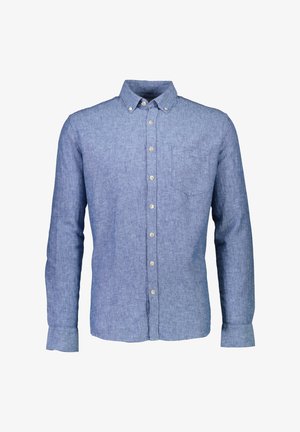 Camicia azzurra con bottoni realizzata in tessuto testurizzato, presenta una tasca sul lato sinistro del petto e un colletto standard con dettagli a bottone.