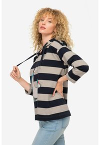Felpa con cappuccio a righe orizzontali blu navy e beige, con un design grafico sulla parte anteriore. Realizzata in tessuto morbido con una vestibilità comoda.