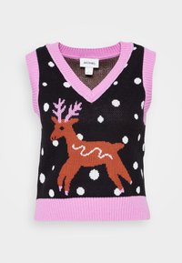 Gilet sans manches en tricot noir avec bordure rose, pois blancs et un renne marron aux bois et aux sabots roses.