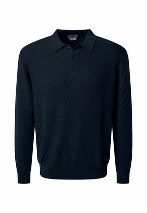 Donkerblauwe polo met lange mouwen, voorzien van een gestructureerd patroon, drie-knopen-gariebel, en geribbelde mouwen; gemaakt van een zachte, gebreide stof.