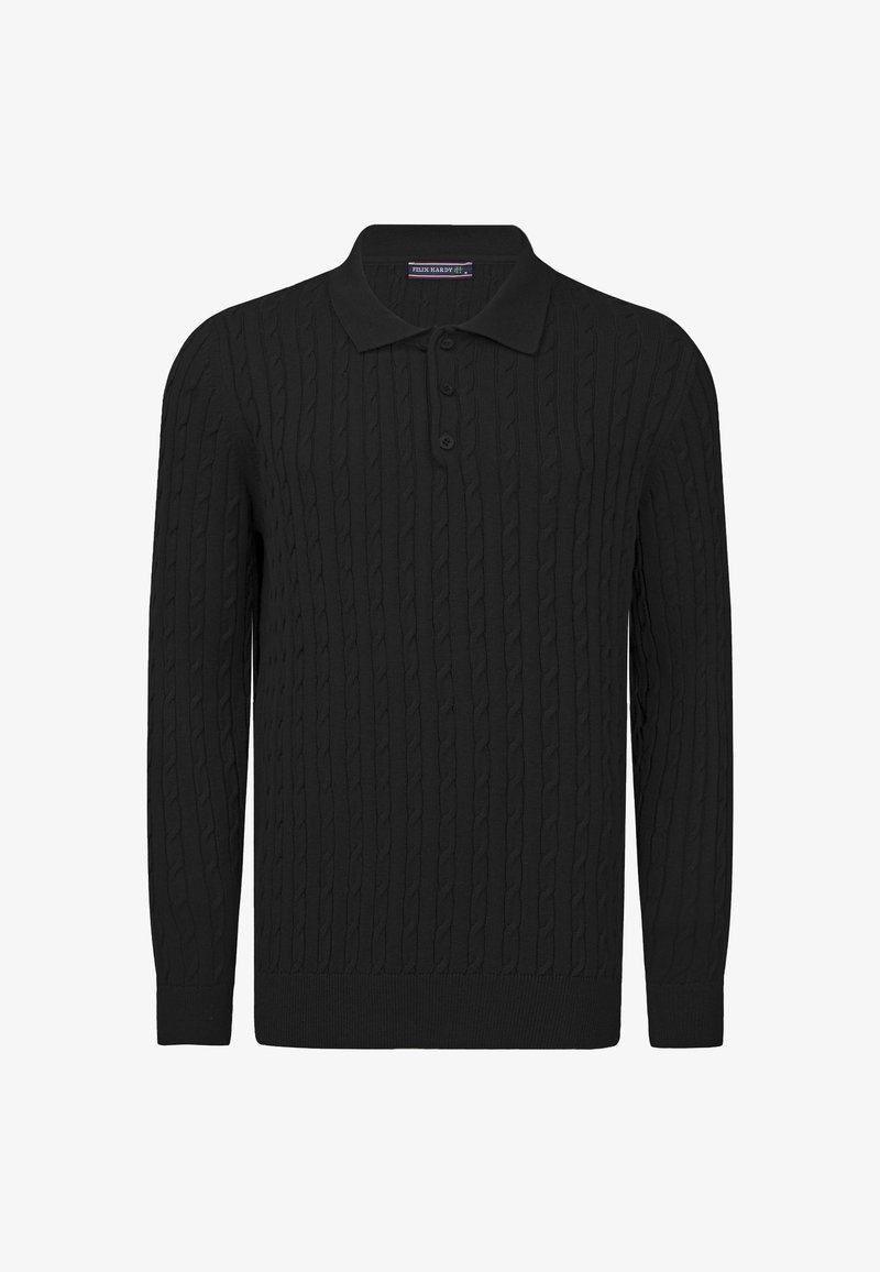 Schwarzer gestrickter Poloshirt-Pullover mit langen Ärmeln, der mit einem Zopfmuster, einer Knopfleiste sowie gerippten Bündchen und Saum ausgestattet ist. Weicher Stoff und taillierte Passform.