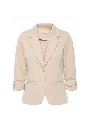 Beige sako vyrobené z elastické tkaniny, s klopovým límcem, zapínáním na jeden knoflík a ohrnutými rukávy s jemným švem.