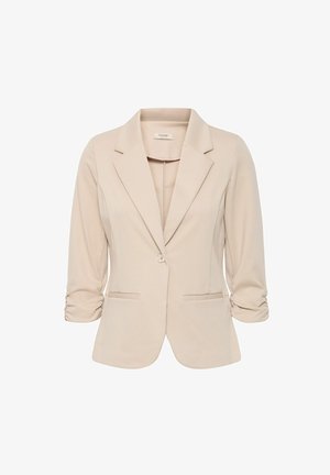 Blazer beige realizzato in tessuto elasticizzato, con colletto a revers, chiusura a un bottone e maniche arrotolate con dettagli di cucitura discreti.