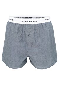 Boxers de algodón gris con textura estampada, cinturilla elástica etiquetada como "HAPPY SHORTS", cierre de botón único y un corte relajado.