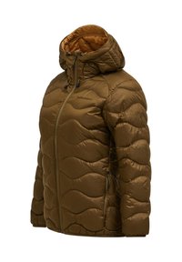Olivovo zelená puffa bunda s priliehavou kapucňou, prešívaným dizajnom a zipsom vpredu. Obsahuje bočné vrecká a elastické manžety pre pohodlné nosenie.