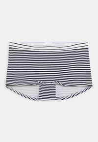 Boxer shorts a strisce in navy e bianco, realizzati in tessuto morbido. Presentano un elastico confortevole e una vestibilità aderente con bordi arrotondati.