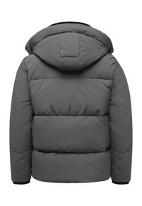 Graue gepolsterte Jacke mit Kapuze, mit horizontalem Steppmuster, elastischen Bündchen und einer weichen Textur. Die Rückansicht zeigt minimale Details.