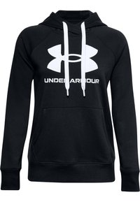 Sweat à capuche noir en tissu doux, avec une poche kangourou, des cordons blancs et un grand logo Under Armour blanc sur le devant.