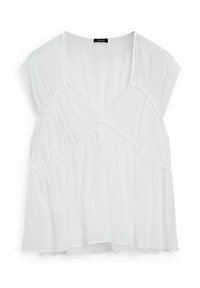 Blouse blanche légère avec un col en V, des manches capes et des détails froncés à l'avant ; elle a une coupe décontractée et une texture douce.