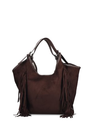 Große dunkelbraune Wildleder-Handtasche mit doppelten Henkeln und langen Fransen an beiden Seiten.