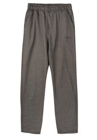 Sivé tepláky s elastickým pásom, bočnými vreckami a jemným textúrovaným vzorom pre pridanie detailu. Voľný strih s rovným nohavicami.