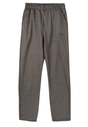 Szürke edzőnadrág, rugalmas derékpánttal, oldalsó zsebekkel és finom, textúrázott mintával a részletek fokozásáért. Lazább szabás, egyenes lábakkal.