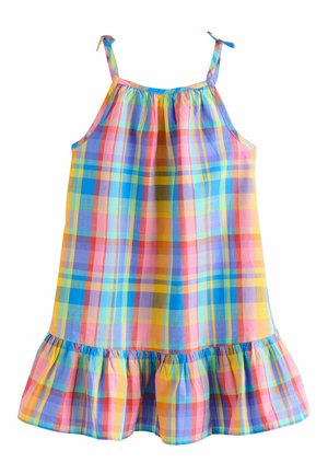 Vestido de verano sin mangas con patrón a cuadros pastel multicolor, tirantes finos atados en lazos y detalle de bajo con volantes.