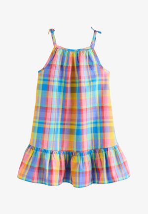 Ujjatlan nyári ruha multikolor pasztell kockás mintával, vékony vállpántokkal, melyeket masnira kötöttek, és fodros szegéllyel.
