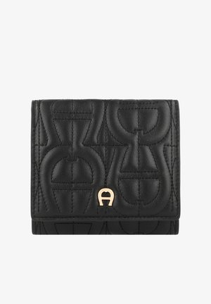 Cartera de cuero negra con un patrón acolchado, detalles en dorado y una forma rectangular compacta con bordes redondeados.