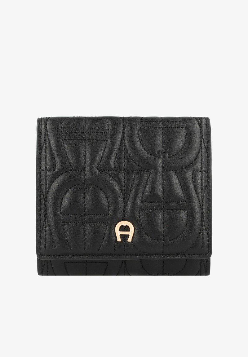 Portafoglio in pelle nera caratterizzato da un motivo trapuntato, dettagli in oro e una forma compatta e rettangolare con angoli arrotondati.
