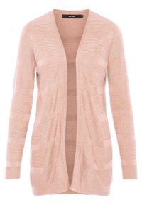 Jasnoróżowy kardigan z długimi rękawami, otwartym przodem i teksturowanymi paskami. Miękki materiał o subtelnym połysku, wyposażony w dwie boczne kieszenie.
