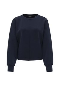 Felpa blu navy con scollo rotondo, spalle scese e maniche lunghe. Realizzata in un tessuto morbido con una vestibilità rilassata e dettagli di cucitura sottili.