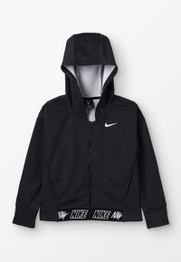 Černá mikina na zip s texturou látky, s p�řední kapsou, nastavitelnou kapucí a bílým logem Nike na hrudi a v pase.