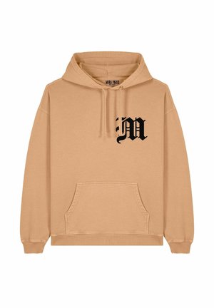 Felpa con cappuccio di un beige chiaro, dotata di tasca anteriore e grafica nera "M" sul petto. Tessuto morbido con polsini e orlo a coste.