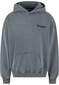 Grå bomulds hoodie med snoretræk i hætten, forlommelomme, ribbede manchetter og et lille sort logo på brystet. Blød tekstur, afslappet pasform.