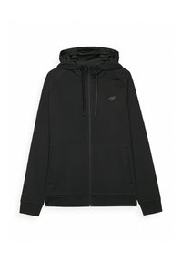 Sudadera con cremallera negra hecha de tela suave, con capucha, mangas largas, dos bolsillos frontales y un logo minimalista en el pecho.