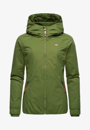 Vihreä huppujakku, jossa on vetoketju edessä, elastiset hihansuut ja kaksi sivutaskua, joissa on ruskeat nahkaiset tarrat. Suora kankaan tekstuuri.