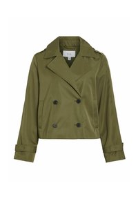 Oluva zaļa īsa jakas izgatavota no gludas auduma, ar divrindu dizainu, norādītu apkakli un melniem pogām.