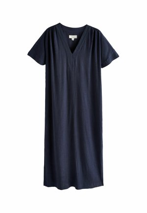 Granatowa lniana sukienka z krótkimi rękawami, dekoltem w serek i luźnym krojem. Posiada plisowania na ramionach dla dodatkowej faktury.
