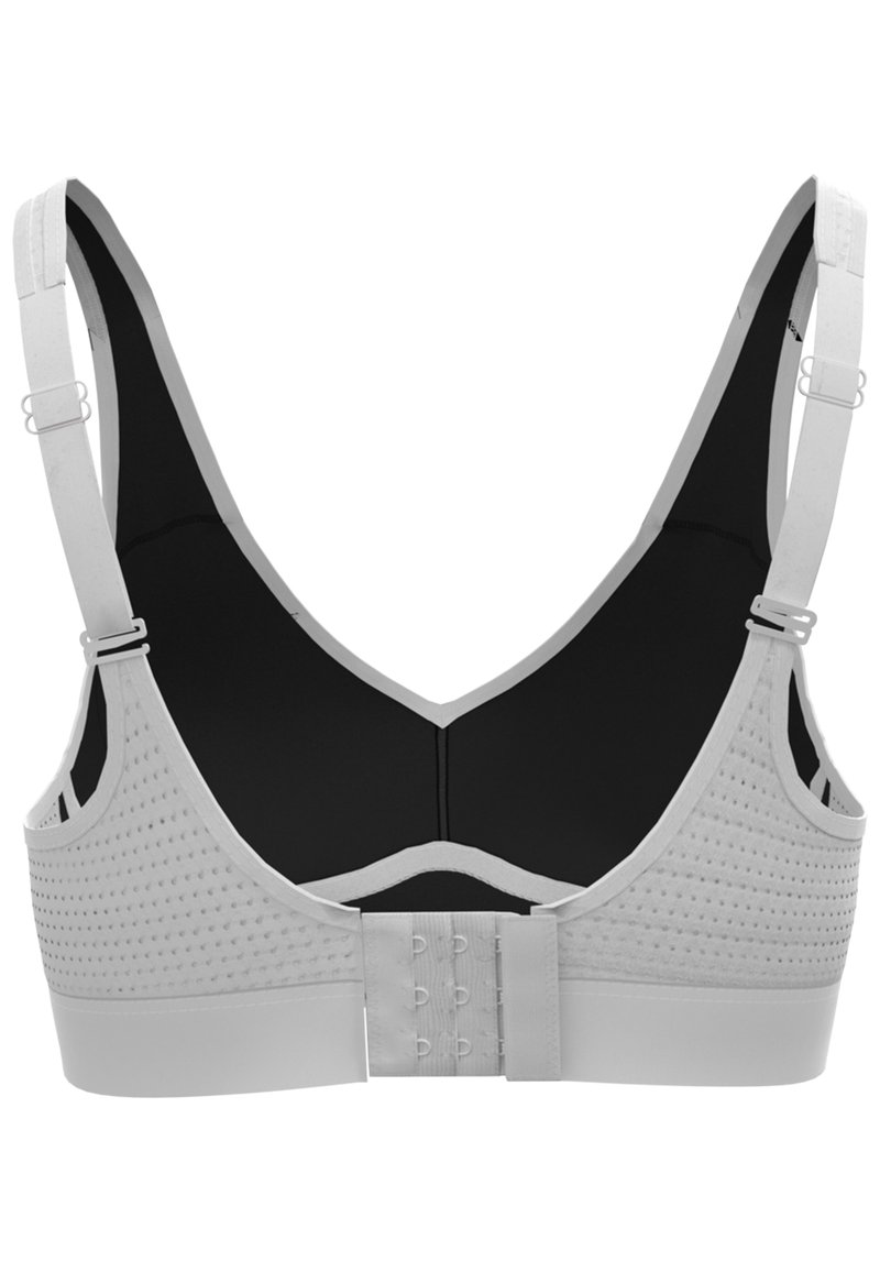 Grauer Sport-BH mit strukturiertem Oberflächenmaterial, verstellbaren Trägern und einem Häkchen- und Ösenverschluss auf der Rückseite. Verfügt über ein kontrastierendes schwarzes Innenfutter.