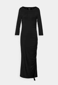 Robe noire à manches longues en tissu doux, avec un col rond et un froncé latéral avec un détail noué à l'ourlet.