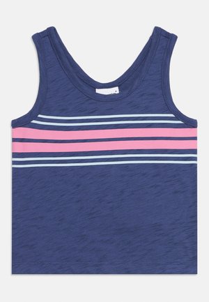 Marineblaues ärmelloses Tanktop mit zwei hellblauen und zwei pinkfarbenen horizontalen Streifen über der Brust.