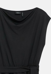 Black sleeveless dress with draped neckline and fabric belt detail at the waist on a plain light background.