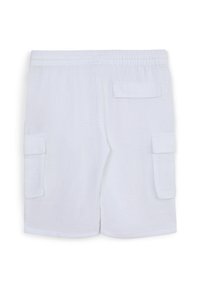 Pantaloni cargo bianchi con vita elasticizzata e tre tasche a patta, realizzati in tessuto leggero.