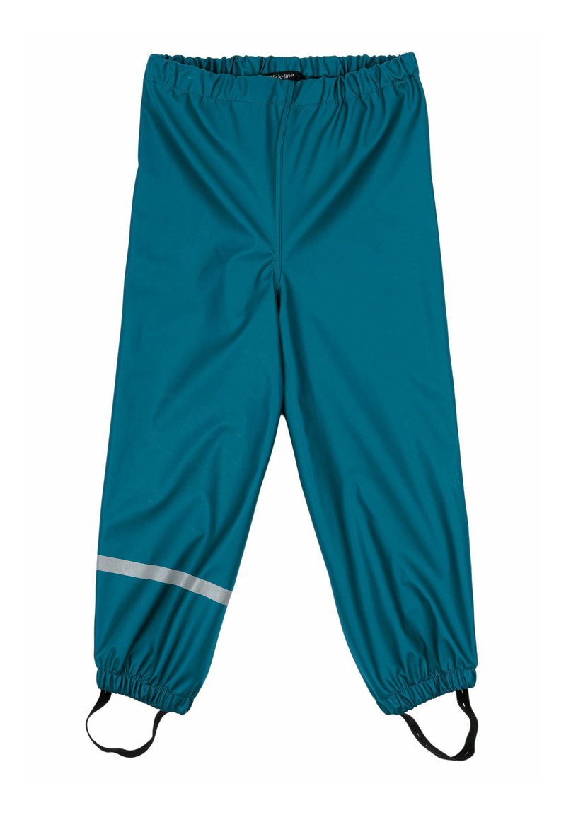 Pantalons étanches teal avec taille élastique, poignets ajustables et bande réfléchissante près du bas. Légers, texture lisse.