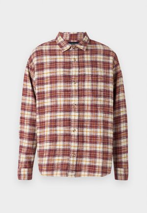 Camicia a maniche lunghe con bottoni realizzata in tessuto a quadri nei colori rosso, giallo e bianco. Presenta un colletto classico e chiusura con bottoni.