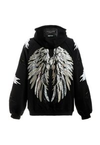 Sudadera con capucha negra con diseño de alas de lentejuelas plateadas en la espalda y patrones de plumas blancas en las mangas, con capucha y puños acanalados.