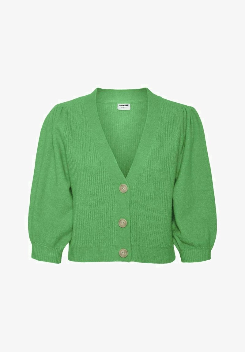 Cárdigan verde de punto con escote en V, tres botones y mangas abullonadas con textura acanalada y un diseño ligeramente recortado.