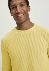 Gelber gestrickter Pullover mit einem strukturierten Muster und ribbelndem Halsausschnitt, ausgestattet mit einem Rundhalsausschnitt und einer lockeren Passform.