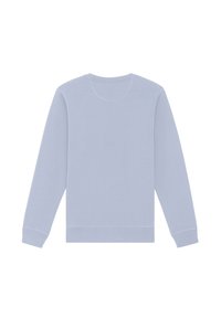 Sweatshirt bleu clair à manches longues, col rond, avec des poignets et un ourlet côtelé. Texture de tissu douce sans motifs ou accents visibles.