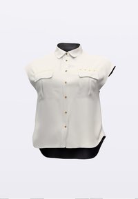 Balta īss piedurkņu krekls ar apkakli, rotāts ar zelta pogām un divām priekšējām kabatām. Gluda auduma ar melnu apmali.