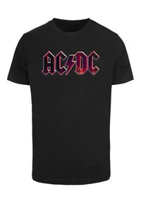 Svart bomull t-skjorte med en rød og lilla AC/DC-logo med lyn-design, korte ermer og klassisk rund hals.