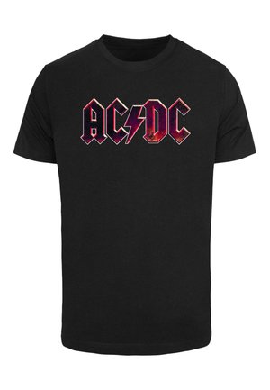 Juoda medvilnės marškinėliai su raudonai-purpuriniu AC/DC logotipu ir žaibo dizainu, trumpomis rankovėmis ir klasikinio apvalaus kaklo iškirpte.