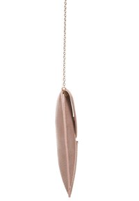 Metallic chain strap clutch bag in light pink textured material; slim, oval shape with a subtle embossed pattern and a side zipper.