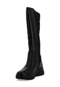 Stivale nero fino al ginocchio con zip laterale, parte superiore in pelle liscia, suola leggermente a zeppa e punta rotonda, mostrato su sfondo bianco.