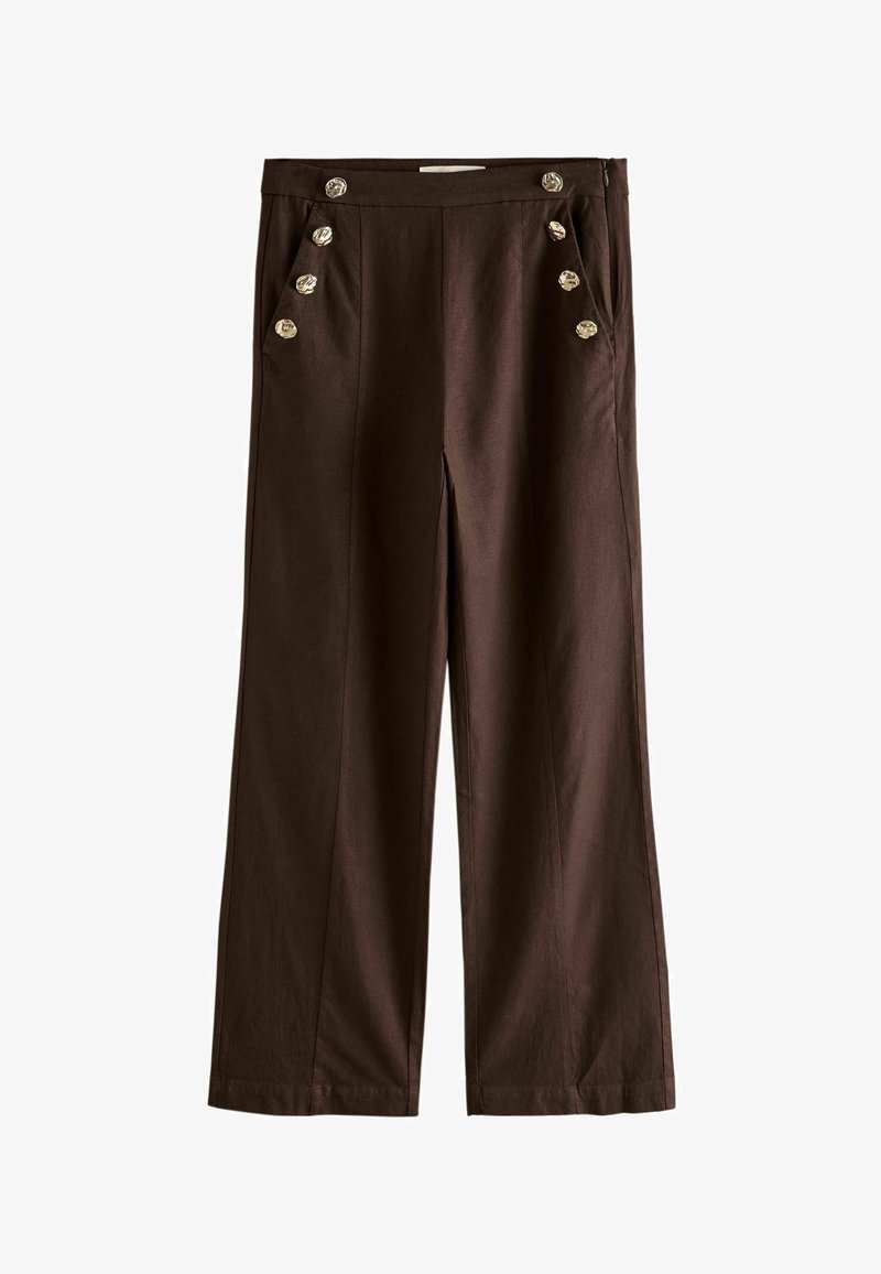 Pantalon à jambes larges de couleur marron foncé avec une taille haute et six boutons dorés décoratifs disposés en deux rangées verticales près des poches.