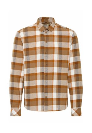 Button-up shirt in brown, cream, and grey plaid pattern. Features a classic collar, long sleeves, and button closure along the front.