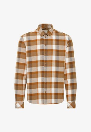Button-up shirt in brown, cream, and grey plaid pattern. Features a classic collar, long sleeves, and button closure along the front.