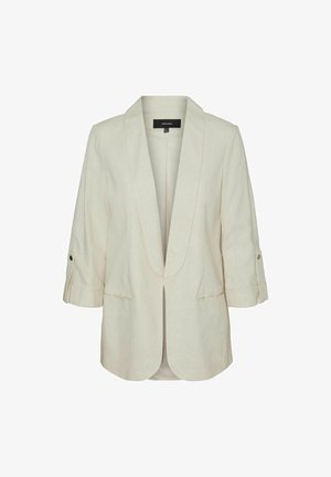 Lichtbeige blazer gemaakt van textuurstof, met een gesneden kraag, driekwart mouwen en twee voorzakken. Minimalistisch ontwerp.